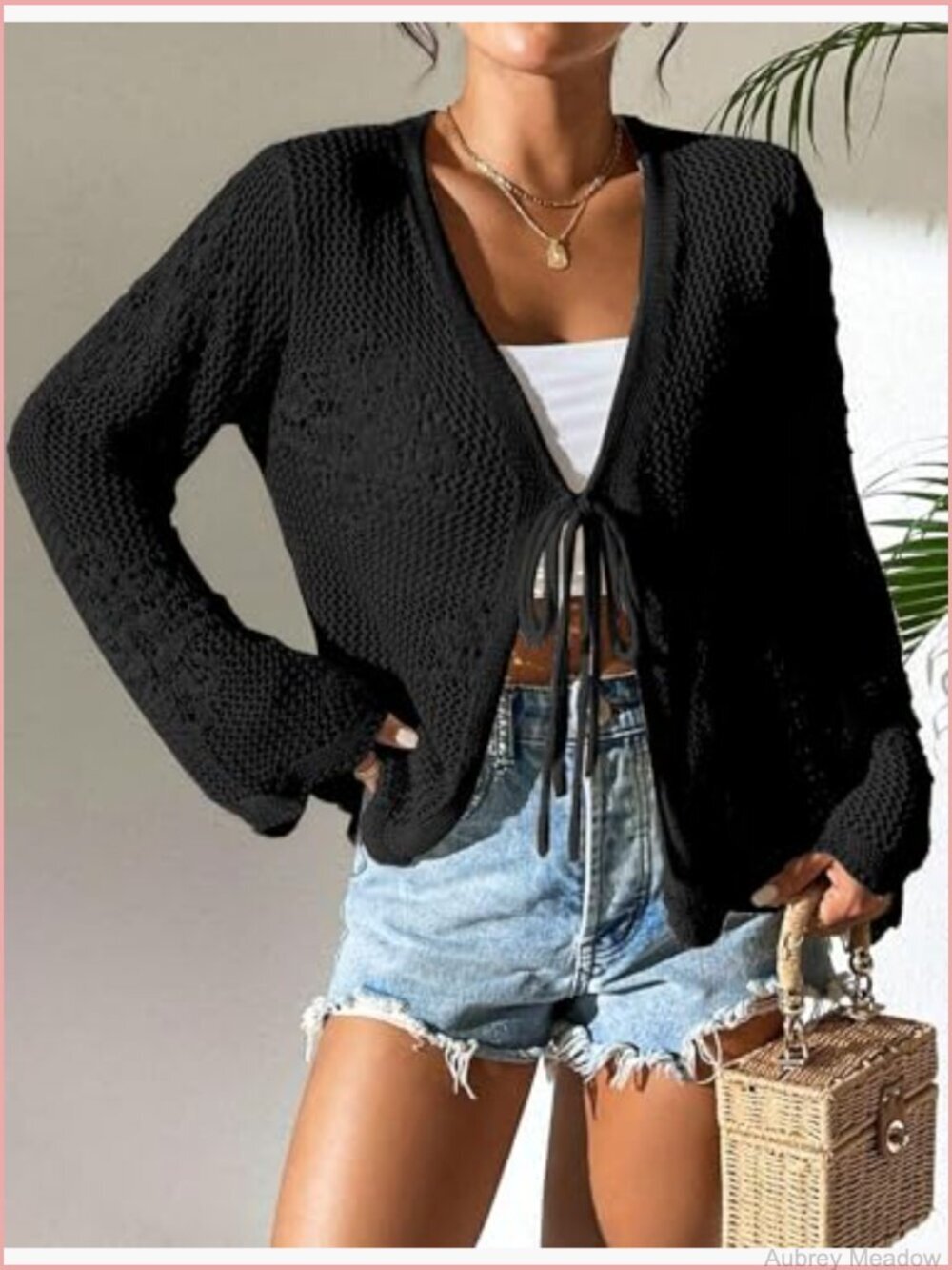 Lightweight Crochet Tie Front Long Sleeve Cardigan Summer Knit Cover Up - Picture 3 of 5